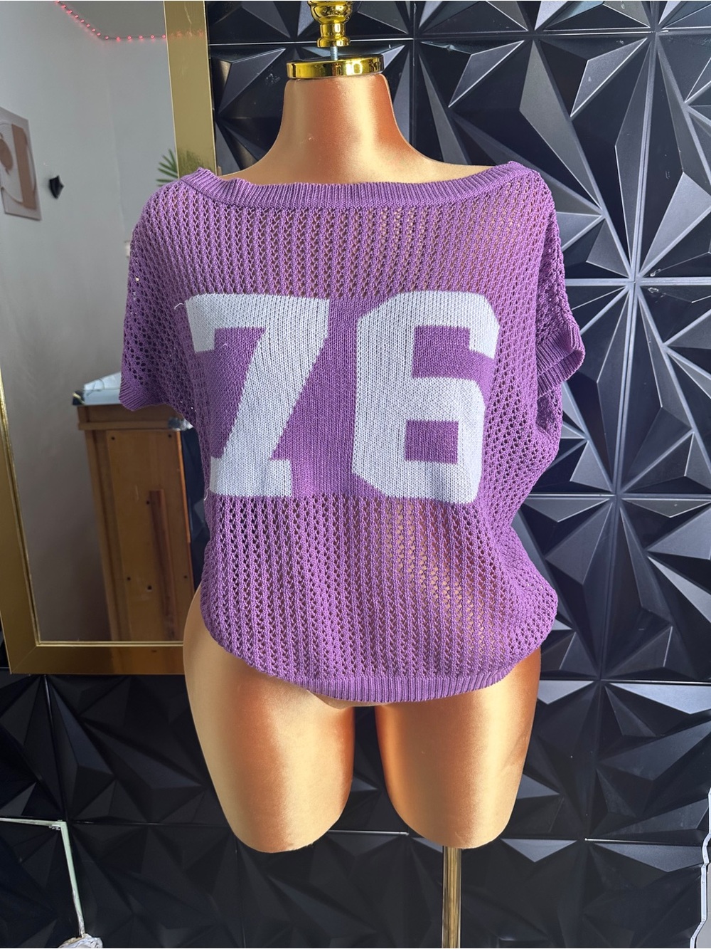 🔥👚Lavender Mesh Knit Crop Top with White '76' Graphic